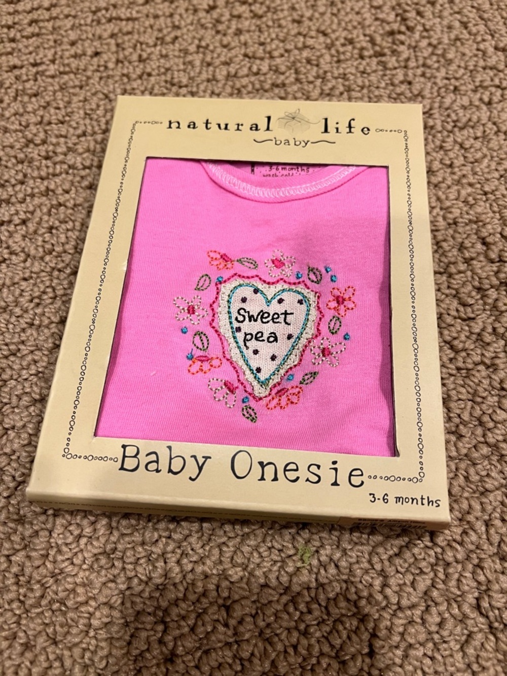 Natural Life Baby Girl Pink "Sweet Pea" Onesie, size 3-6mo